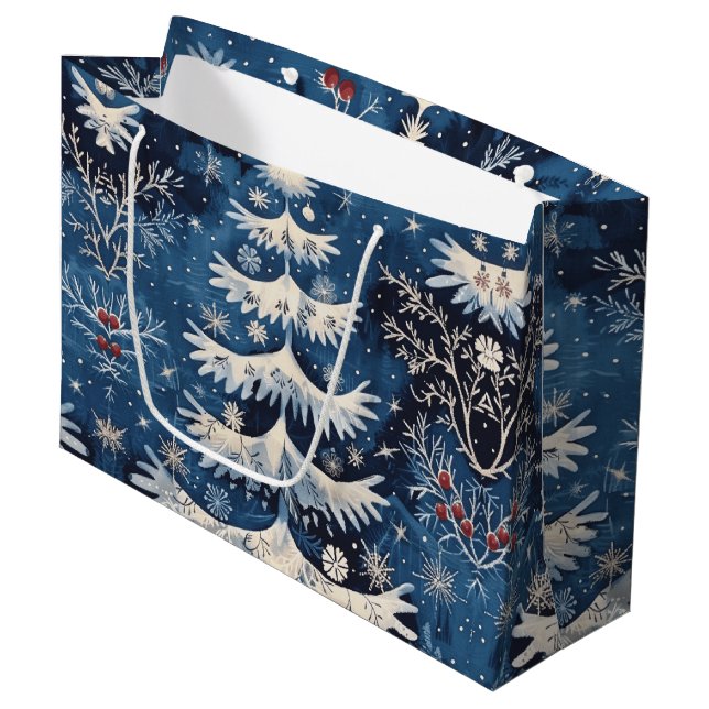 Blue White Christmas Tree Holiday Gift Bag (Front Angled)