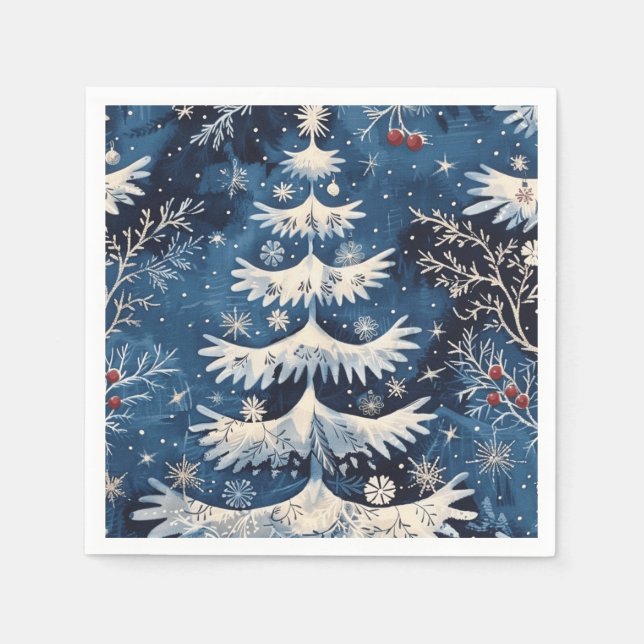 Blue White Christmas Tree Holiday Napkin (Front)