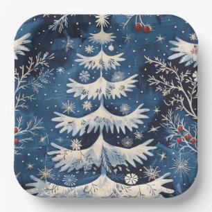 Blue White Christmas Tree Holiday Paper Plate