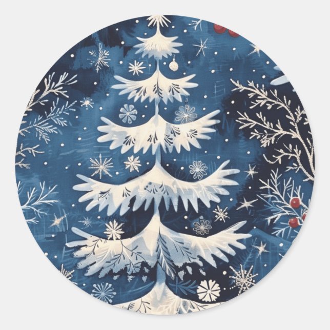 Blue White Christmas Tree Holiday Sticker (Front)