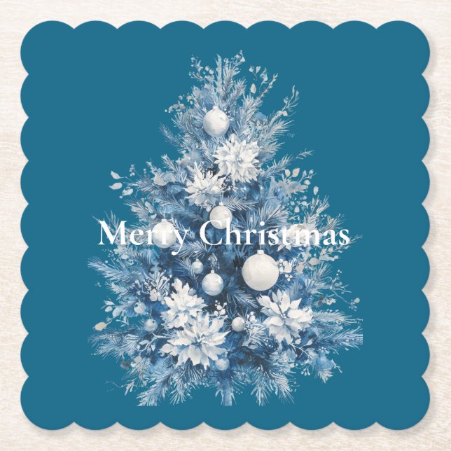 Blue White Christmas Tree Paper Coaster (Front)