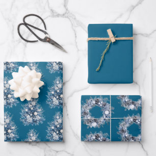 Blue White Christmas Tree Wrapping Paper Sheet