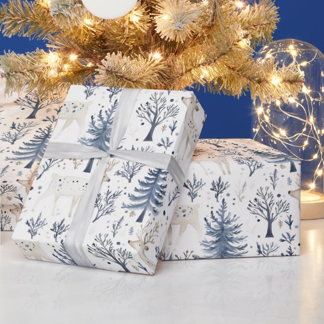 Blue White Christmas Trees Deer Wrapping Paper (Holidays)