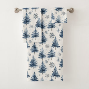 Blue White Christmas Trees Snowflakes Bath Towel Set
