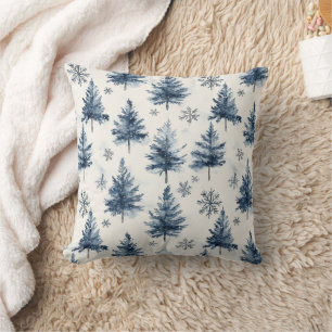 Blue White Christmas Trees Snowflakes Cushion