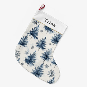 Blue White Christmas Trees Snowflakes Large Christmas Stocking