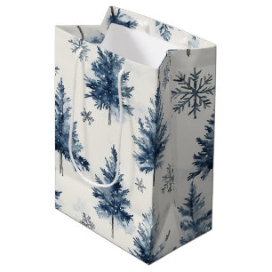 Blue White Christmas Trees Snowflakes Medium Gift Bag