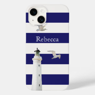 Blue white classic stripes lighthouse name Case-Mate iPhone 14 case