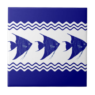 Blue White Coastal Angelfish Stripes Ceramic Tile