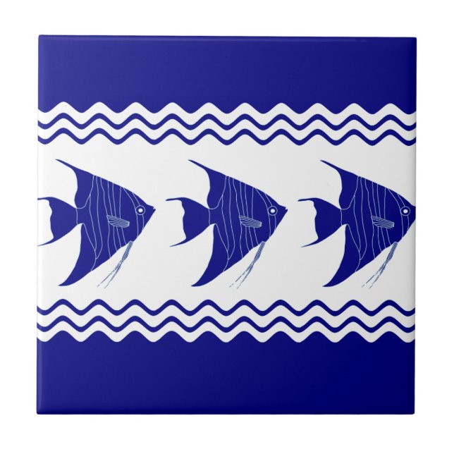 Blue White Coastal Angelfish Stripes Ceramic Tile (Front)
