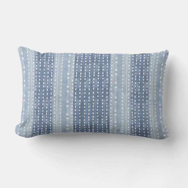 Blue & White Coastal Boho Dots & Stripes Lumbar Cushion (Front)