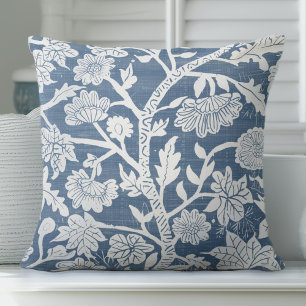 Blue & White Coastal Boho Throw Pillow