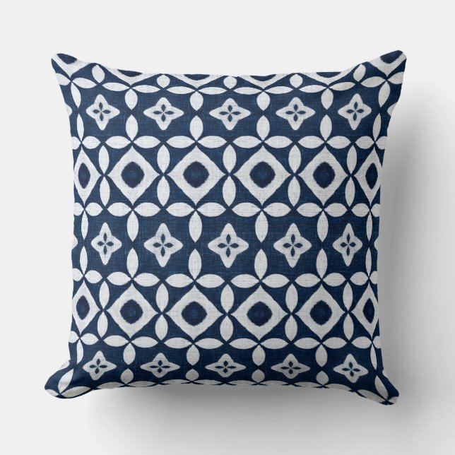 Blue & White Coastal Boho Throw Pillow (Front)