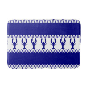 Blue White Coastal Lobster Stripes Bath Mat