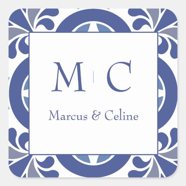 Blue & White Coastal Mediterranean Wedding Square Sticker (Front)