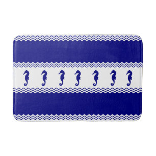 Blue White Coastal Seahorses Stripes Bath Mat