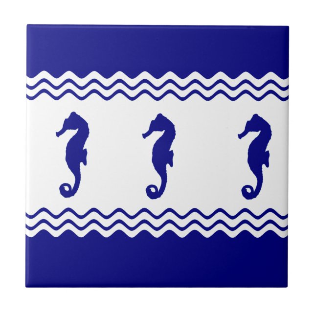 Blue White Coastal Seahorses Stripes Ceramic Tile (Front)