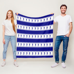 Blue White Coastal Seahorses Stripes Fleece Blanket