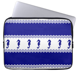Blue White Coastal Seahorses Stripes Laptop Sleeve