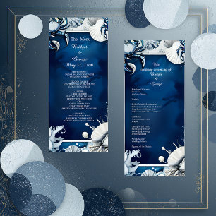 blue & white coastal vibe wedding program & menu