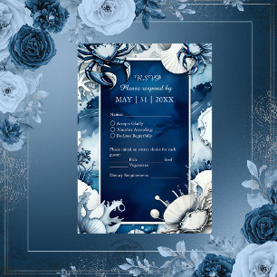 blue & white coastal vibe wedding RSVP card