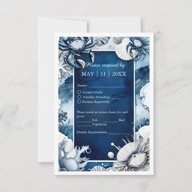 blue & white coastal vibe wedding RSVP card (Front)