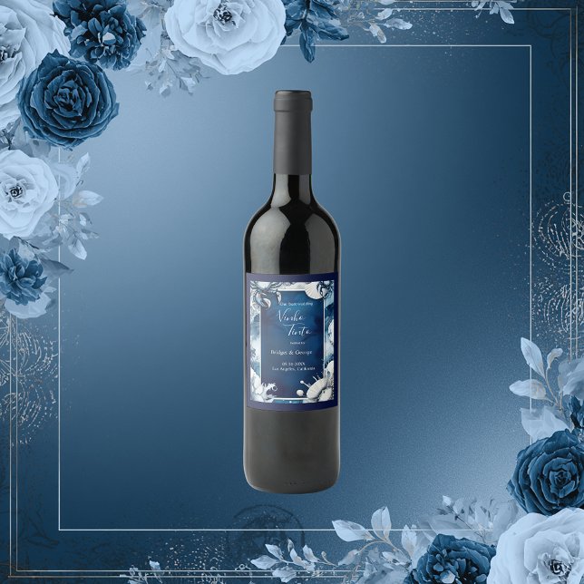 blue & white coastal vibe wedding wine label (Creator Uploaded)