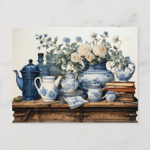 Blue White Coffee Pot Creamer Sugar Glass Jar   Postcard