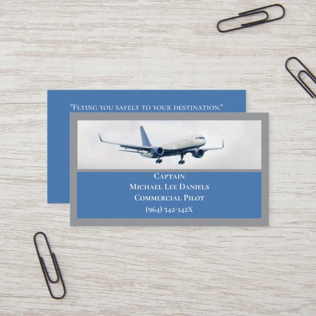 Blue White Commercial  Aeroplane Captain Pilot  Business Card (Front/Back In Situ)