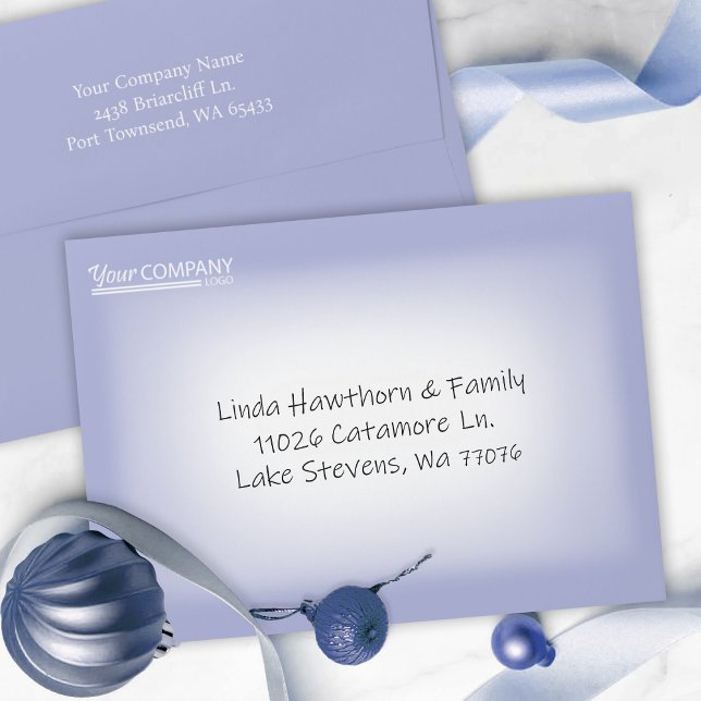 Blue, White Company Business Pre-addressed 5x7 Envelope (light blue Christmas card envelope, company holiday greeting card, white logo address printed)