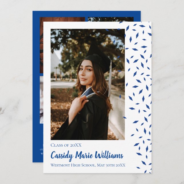 Blue White Confetti Graduation Announcement (Front/Back)