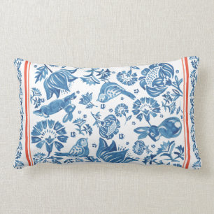 Blue White Coral Rabbit Bird Floral Country French Lumbar Cushion