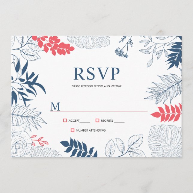 Blue white & coral-red tropical floral frame menu (Front)