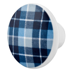 Blue White Cosy Plaid Flannel Ceramic Knob