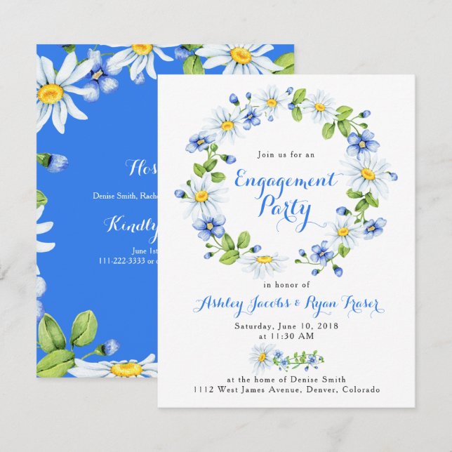 Blue White Country Daisy Floral Engagement Party Invitation (Front/Back)