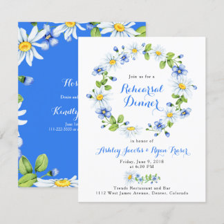 Blue White Country Daisy Floral Rehearsal Dinner Invitation