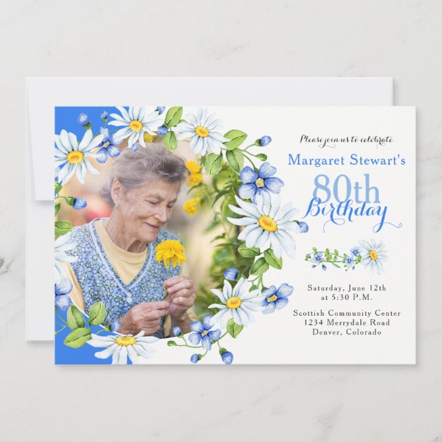 Blue White Country Daisy Photo 80th Birthday Invitation (Front)