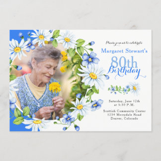 Blue White Country Daisy Photo 80th Birthday Invitation