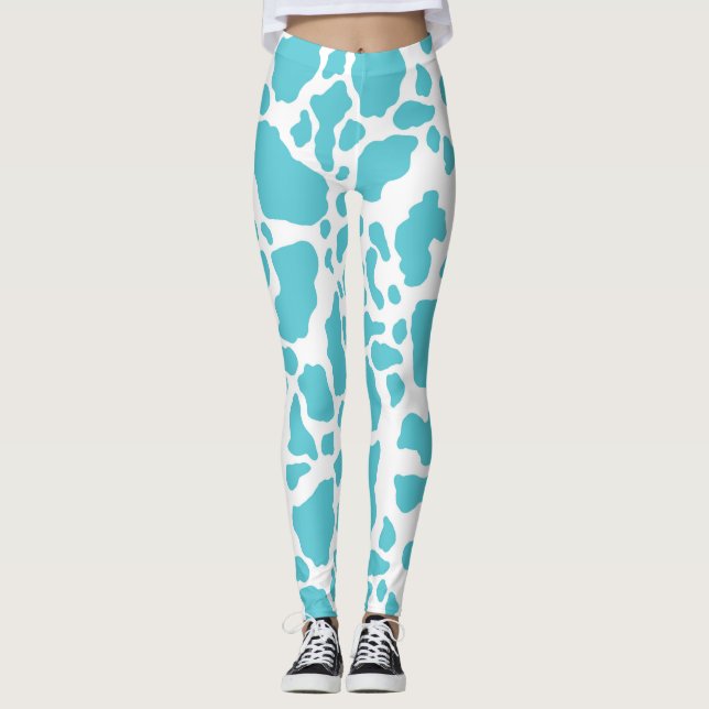 Blue & White Cow Spots Animal Print Pattern Leggings (Front)