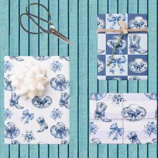 Blue White Cowgirl Toile Chinoiserie Farmhouse Wrapping Paper Sheet