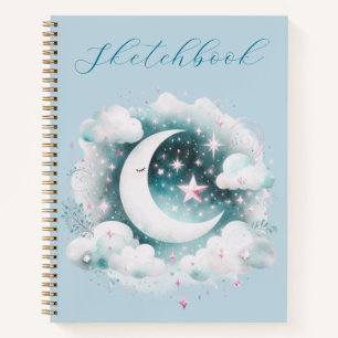 Blue White Crescent Moon Celestial Boho Sketchbook Notebook