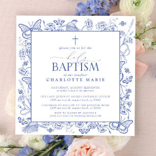 Blue & White Cross Holy Baptism Floral Butterflies Invitation