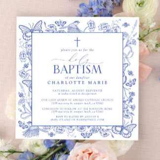 Blue & White Cross Holy Baptism Floral Butterflies Invitation