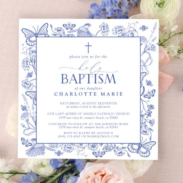 Blue & White Cross Holy Baptism Floral Butterflies Invitation (Holy Baptism Invitation)