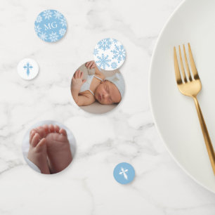 Blue White Cross Snowflakes Photo Winter Baptism Confetti