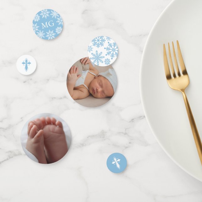 Blue White Cross Snowflakes Photo Winter Baptism Confetti (Group)