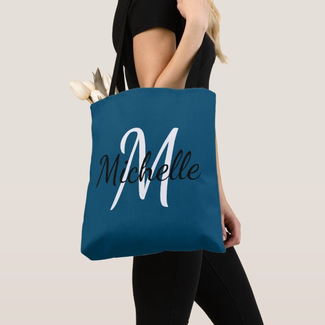 Blue & White Custom Monogram Tote Bag (Close Up)