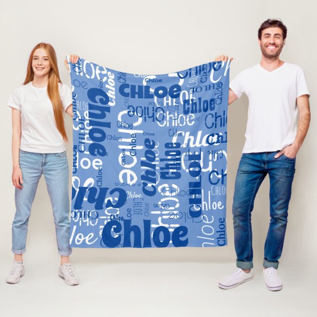 Blue & White Custom Name Pattern Retro Fonts Fleece Blanket (In Situ)