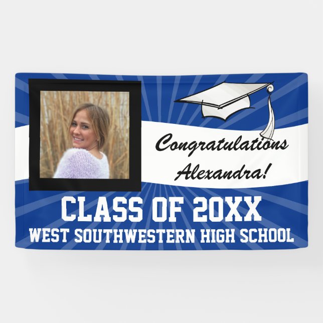 Blue/White Custom Photo Graduation Sign (Horizontal)