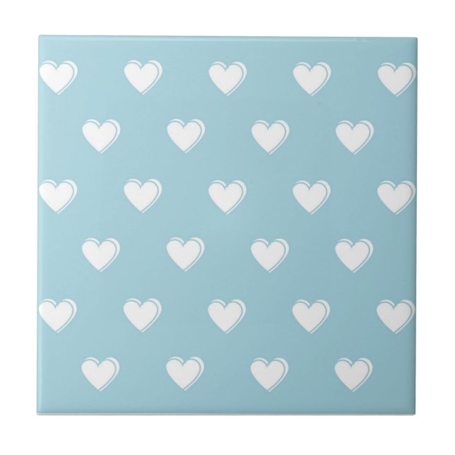 Blue White Cute Simple Heart Pattern Ceramic Tile (Front)